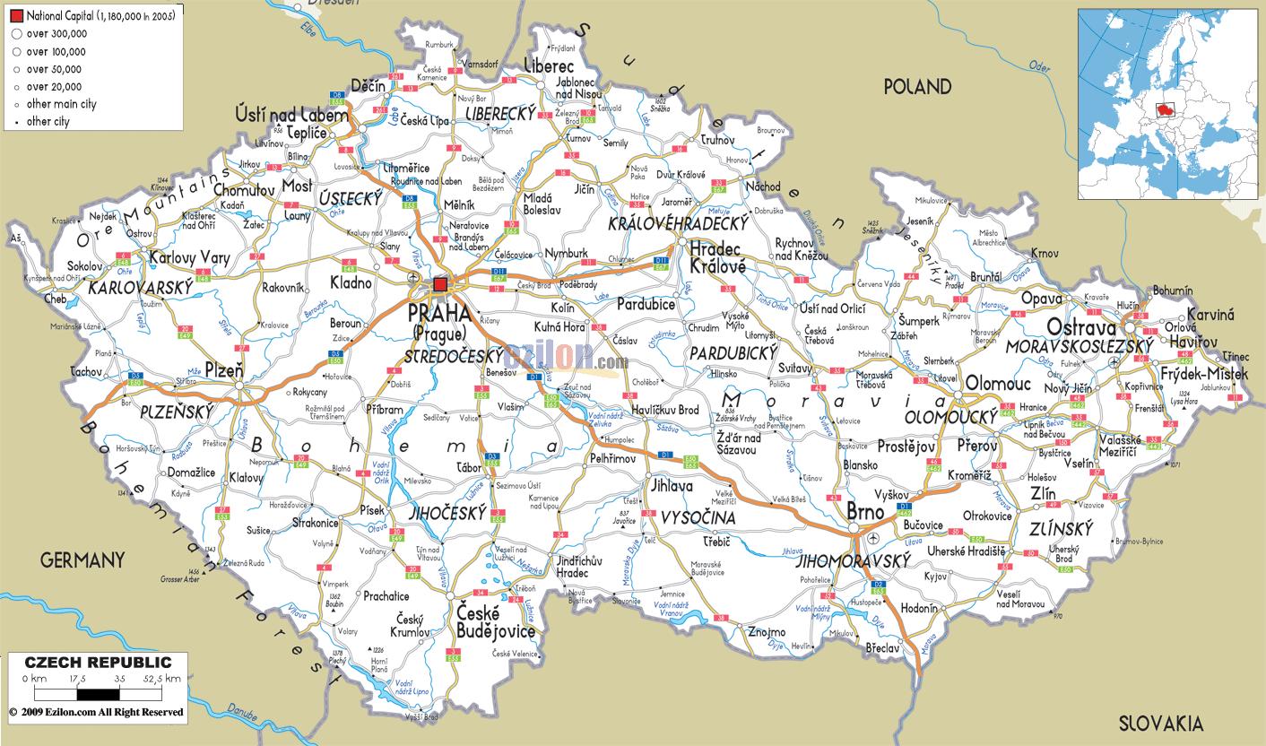 Tjeckien road map - Road karta över tjeckien (Östra Europa - Europa)